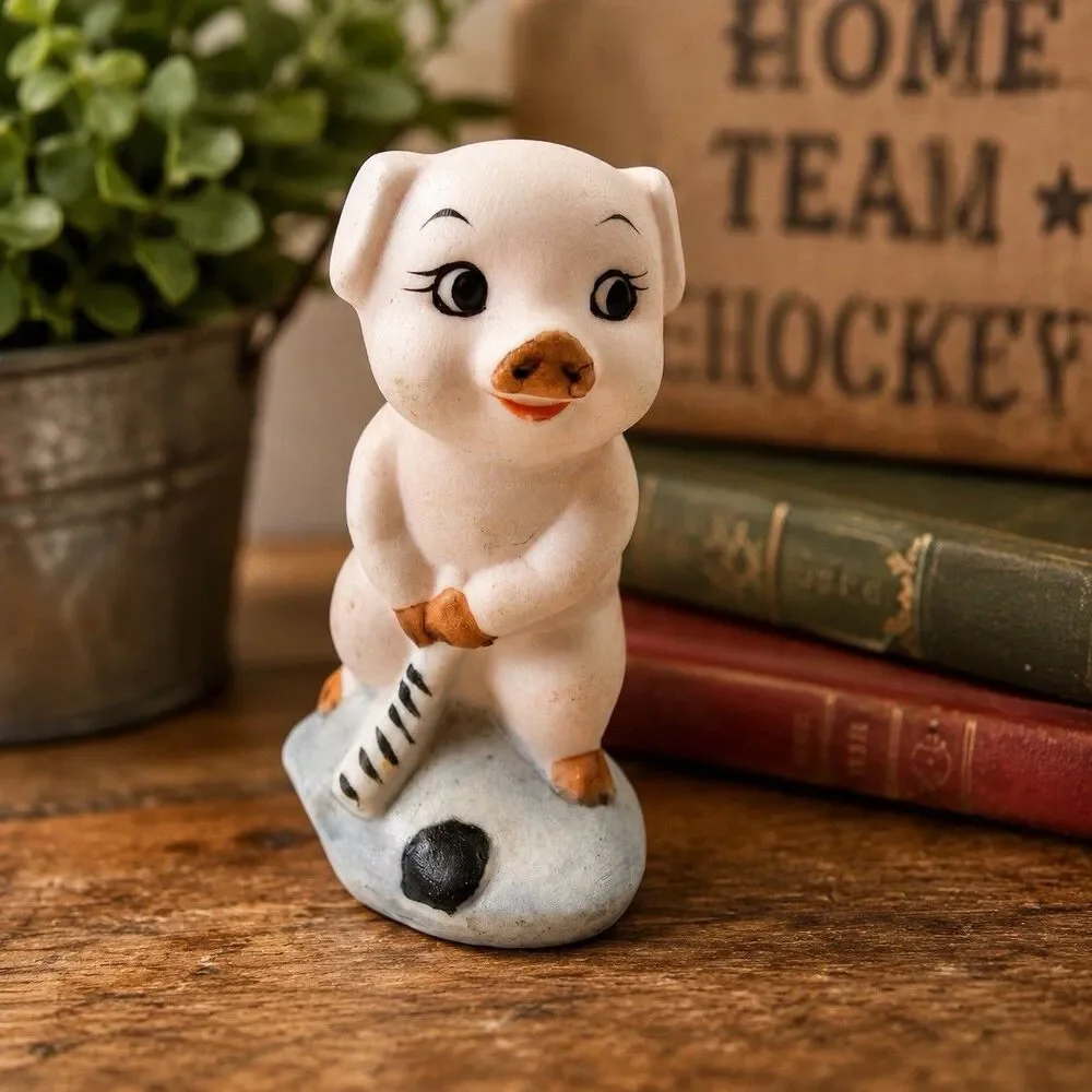 Vintage Pig Hockey Player Figurine Hand Painted Ceramic Made in Japan Style 3”
